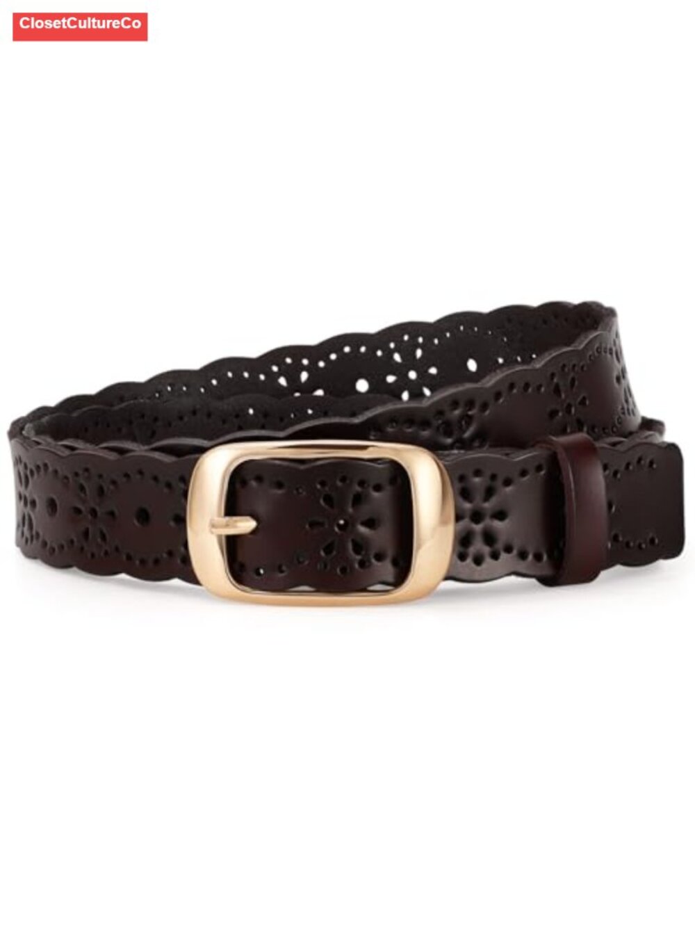 Leather Belt Hollow Flower Pattern Gold Buckle Adjustable Waist Belt